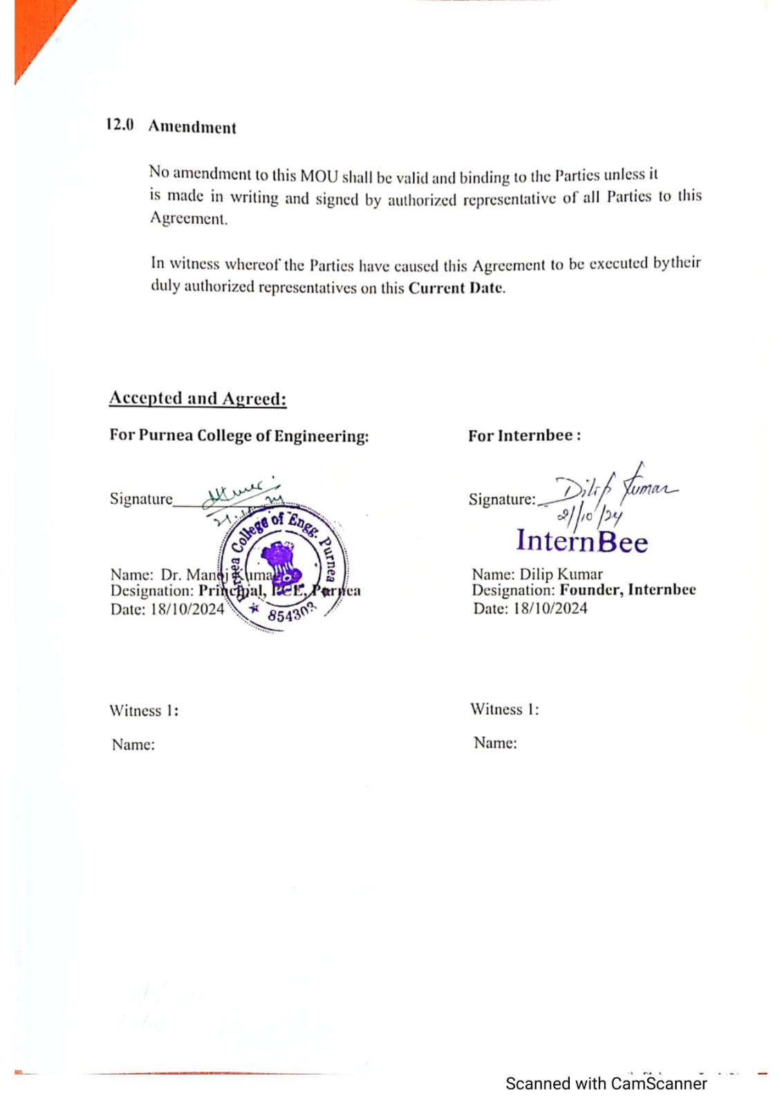 MoU Between Internbee and PCE, Purnea